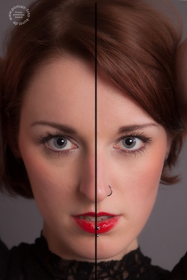 Die Gesichtssymetrie. Selbst bei sehr symetrischen Gesichtszügen unterscheiden sich die Gesichtshälften leicht voneinander. (Beispielfoto der linke Nasenrücken ist etwas ausgeprägter als der rechte)     Die Gesichtssymetrie. Selbst bei sehr symetrischen Gesichtszügen unterscheiden sich die Gesichtshälften leicht voneinander. (Beispielfoto der linke Nasenrücken ist etwas ausgeprägter als der rechte)